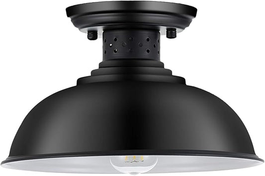 Industrial Semi Flush Mount Ceiling Light, Matte Black Farmhouse Light Fixture for Kitchen Island Dining Room Foyer Hallway Porch Barn Loft, Black, 13in