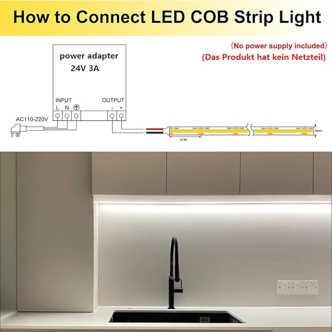 TOPAI 24V COB LED Strip 5000K Daylight White Waterproof IP65 480LEDs/M Super Bright 4000Lm CRI>90 16.4ft Dotless High Density Cuttable Flexible for Cabinet Home DIY Lighting Projects