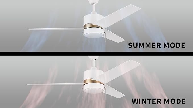 SMAAIR 52 Inch Ceiling Fans with Lights, LED Ceiling Fan with Pull Chain Control, Indoor Ceiling Fan with 3 Blades for Bedroom, Quiet AC Motors, Reversible, White/Gold