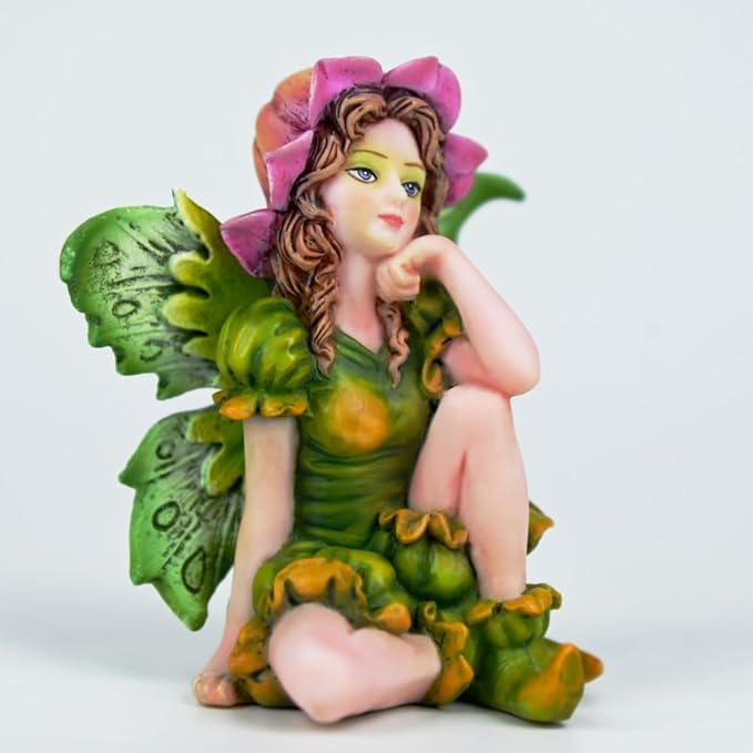 Fantasy Fairy Figurine, 3.15 Inch Mini Garden Fairy Statue, Hand-Painted Resin Indoor Outdoor Decor for Desk, Plant Pot, Fairy Garden (Green & Pink)