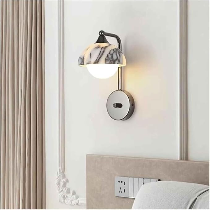 Nordic Marble Mushroom Shaped Wall Sconce Hand Carved Adjustable Rotating Shade Wall Lamp Industrial Retro Wall Light Fixture Indoor 3-Color Dimmable Wall Light for Bedroom Living Room Corridor