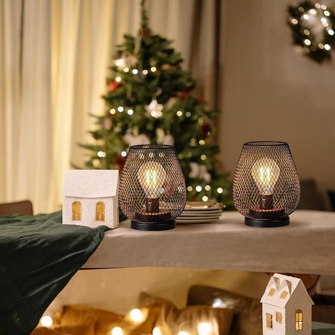 DECORKEY Set of 6 Battery Operated Lamp LED Table Lantern, Brown Metal Cage Cordless Lamps with LED Bulb，Vintage Decorative Outdoor Lantern for Weddings, Parties, Patio, Events for Indoors Shelf Decor