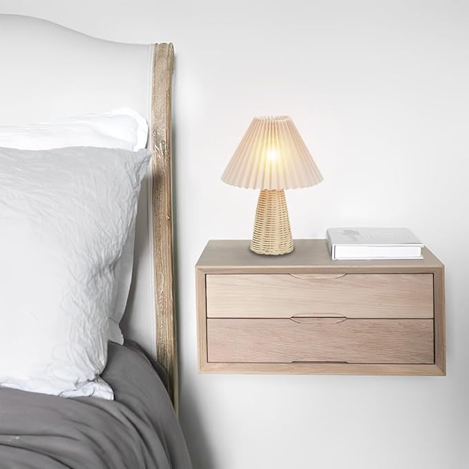 Small Table Lamp, Pleated Table Lamp Bedside Night Lamp with Rattan Base Fabric Pleated Lampshade Vintage Design Soft Warm Light for Bedroom Decor Living Room Reading Office Dorm Coffee Shop