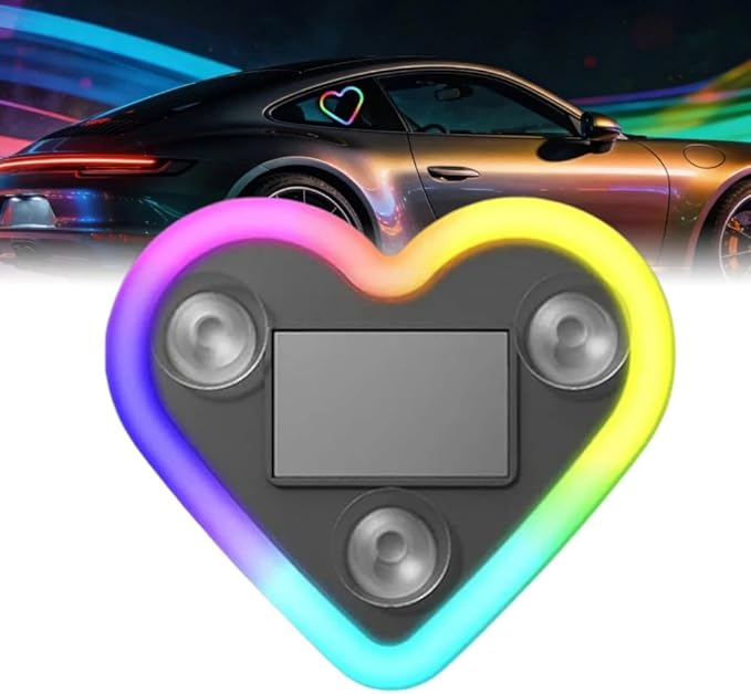 Car LED Ambient Lighting - 7 Colors 8 Modes RGB Solar Powered&USB Charging Heart-Shaped Neon Light for Window IP65 Waterproof Car Interior Light Decoration(1Pcs)