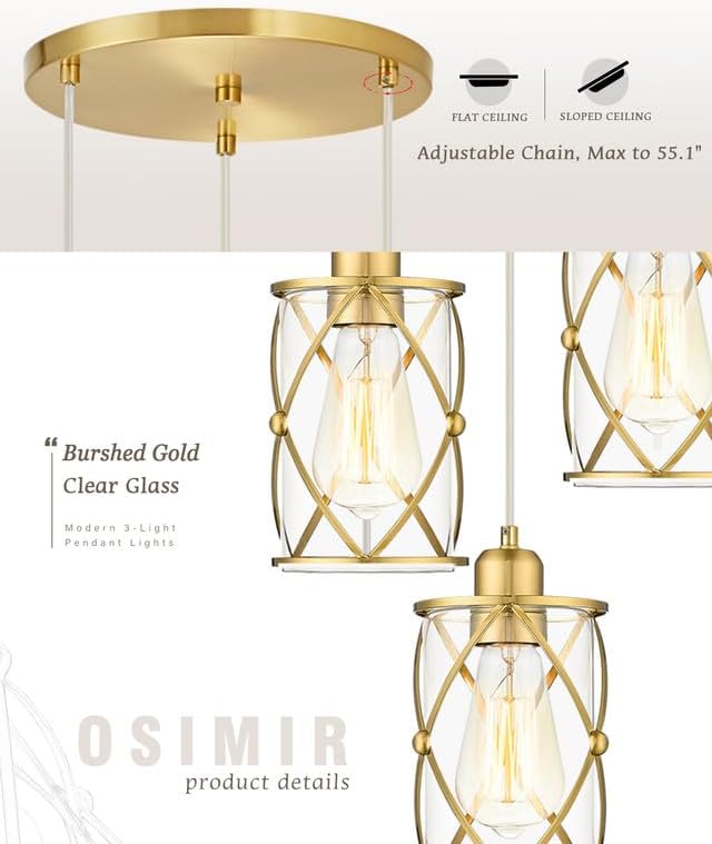 Brushed Gold Dining Room Chandeliers Light Fixtures, Modern 3-Light Pendant Lighting with Clear Glass, Farmhouse Cluster Kitchen Hanging Lights for Sink Bedroom, CH9176BG3