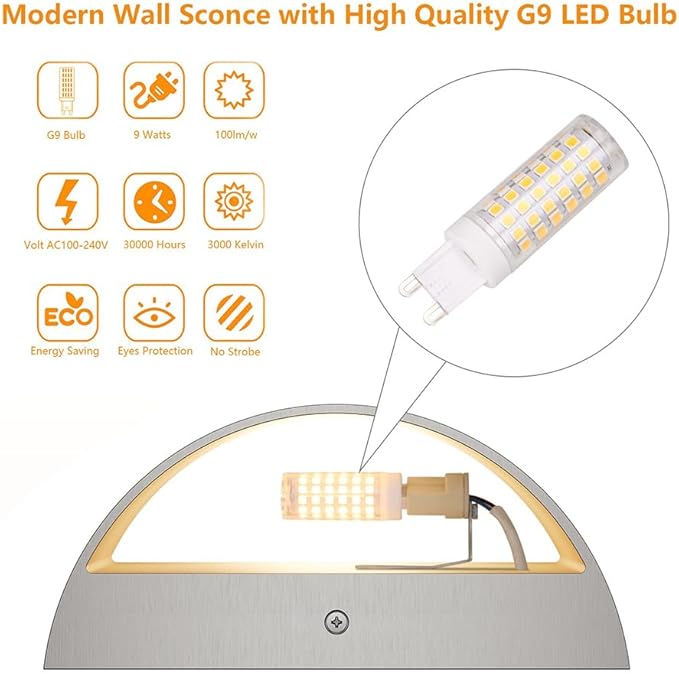 Aipsun Nickel Modern LED Wall Sconce Hardwired Indoor Wall Lights 1 Pack Up and Down Wall Mount Light for Living Room Bedroom Hallway Corridor Conservatory Warm White 3000K(with G9 Bulbs)