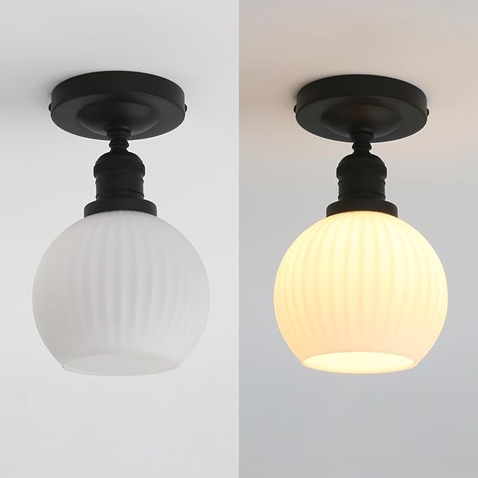 Industrial Globe Semi Flush Mount Pendant Ceiling Light with White Glass Lampshade, Vintage Close to Ceiling Light Fixture for Porch, Hallway, Entryway, Kitchen, Bedroom, Hotel