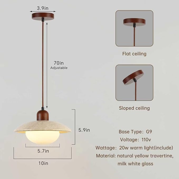 Pendant Lights Kitchen Island Wabi Sabi Lamp, Hanging Lighting Fixture Natural Stone Shade Chandelier, Japandi Style 20W Yellow Travertine Cave Hanging Lights for Bedroom Dining Living Room Hallway