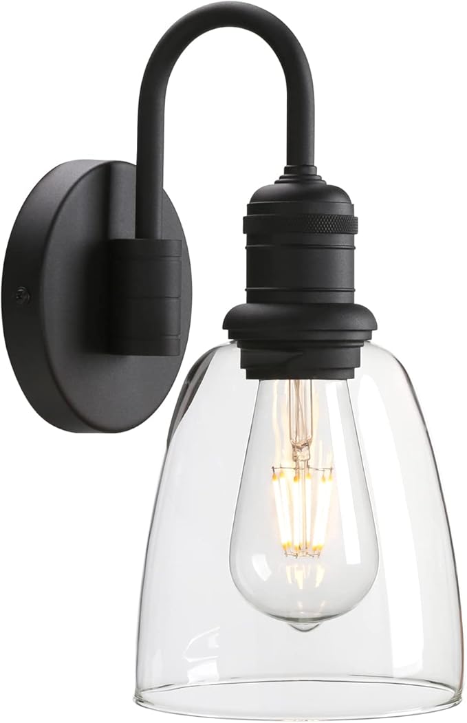1-Light Vintage Gooseneck Wall Sconce Lamp with Cloche Clear Glass Shade, Industrial Indoor Wall Light Fixture for Bathroom Living Room Bedroom Over Kitchen Sink