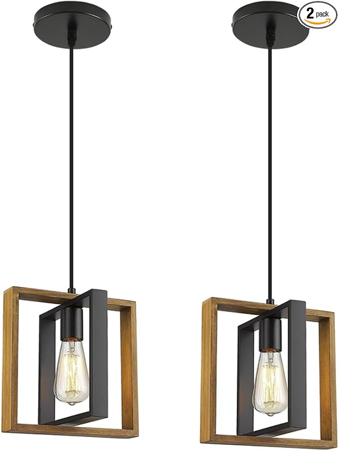Black Pendant Lighting Modern Pendant Light, Adjustable Pendant Light Fixture,Pendant Lights Kitchen IslandLight (2 Packs Wood+Metal Pendant Light)