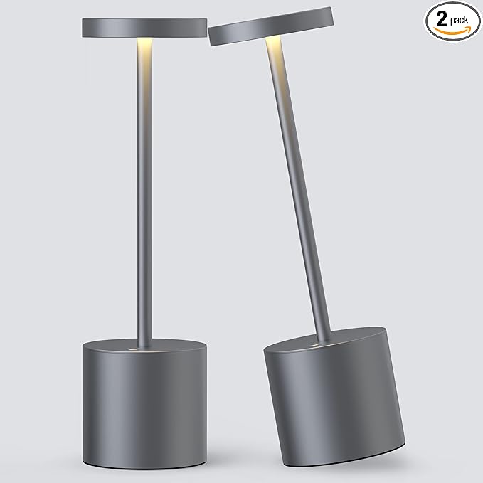 2Pack Cordless Table Lamp, Rechargeable LED Battery 5000mAh Metal USB Portable Powered Desk Lamp, 3 Levels Brightness Light for Restaurants Outdoor (2pack 10.25in Grey)