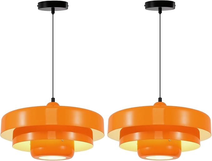 Set of 2 Orange Pendant Lights, Nordic Flush Mount Mid Century Modern Chandeliers for Kitchen Island, Dining Room, Pantry, Farmhouse Ceiling