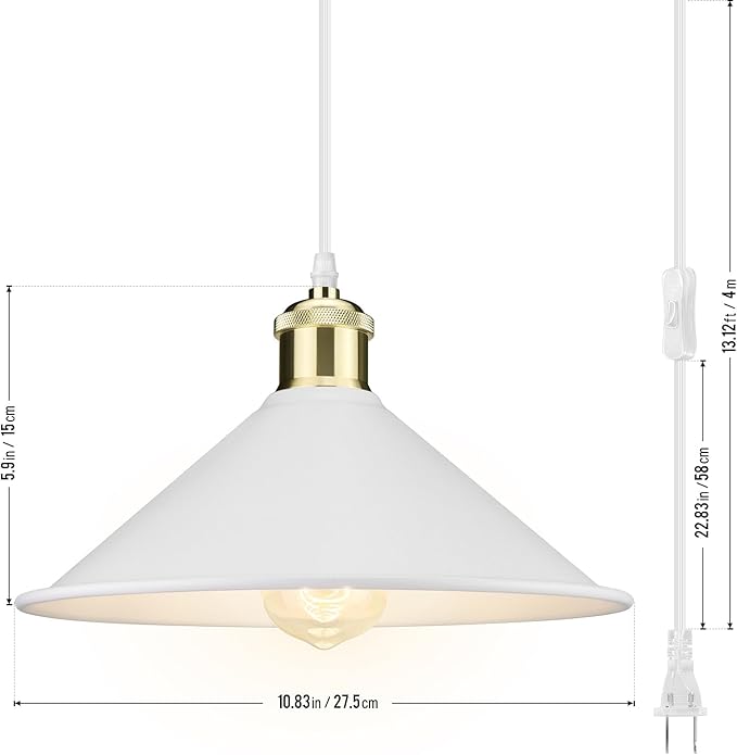 Plug in Pendant Light, Bigger Hanging Lights with Plug in Cord On/Off Switch, 13FT Industrial Plugin Hanging Light, Vintage Pendant Lights Fixture, White