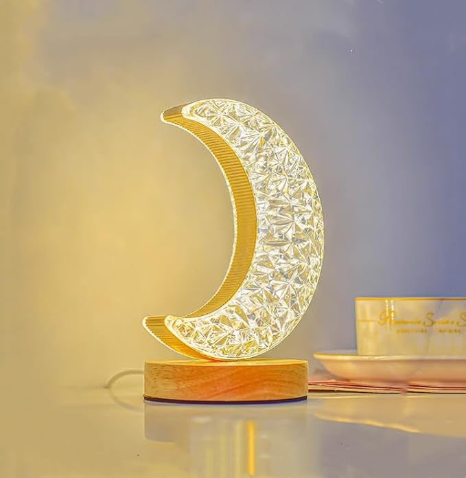 Modern Crystal Table Lamps Moon Lamp with Base Touch Control,Rechargeable and Dimmable Bedside Nightstand Nursery Light 3 Color Adjustable, Christmas Ramadan Bedroom Decorations Gift,7x4x4in