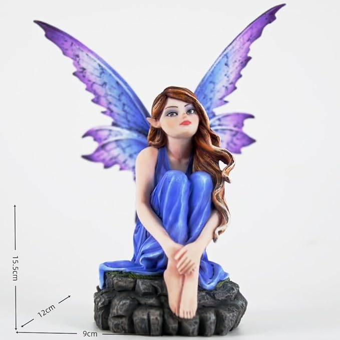 Fantasy Blue-Purple Fairy Figurine, 6.1 Inch Gradient Wings Elf Statue, Hand-Painted Resin Decor with Rock Base for Indoor, Garden, Desk