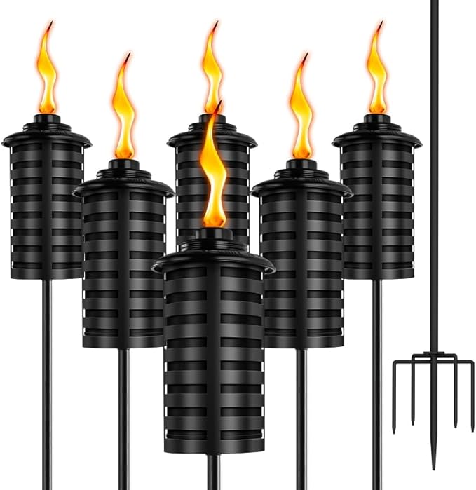 ZSZMFH Upgraded Citronella Torches for Outside Set of 6, 16 Oz Outdoor Garden Torches with 5-Prong Grounded Stake, 60 Inch Metal Torch for Garden Décor, Backyard, Patio, Pathway, Party