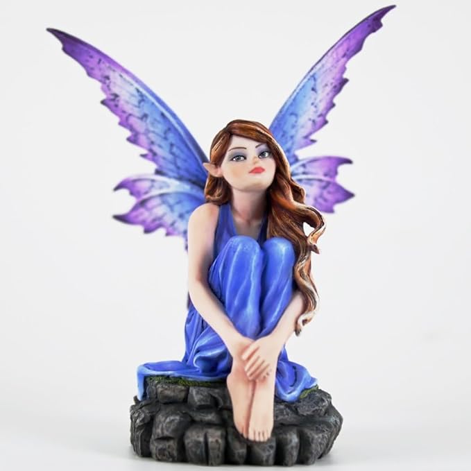 Fantasy Blue-Purple Fairy Figurine, 6.1 Inch Gradient Wings Elf Statue, Hand-Painted Resin Decor with Rock Base for Indoor, Garden, Desk