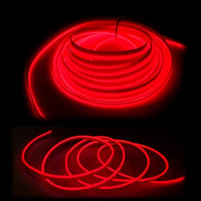 MaxLax El Wire Red Interior Car LED Strip Lights, 10m neon Wire 12V with Fuse Protection for Automotive Car Interior Decoration with 6mm Sewing Edge