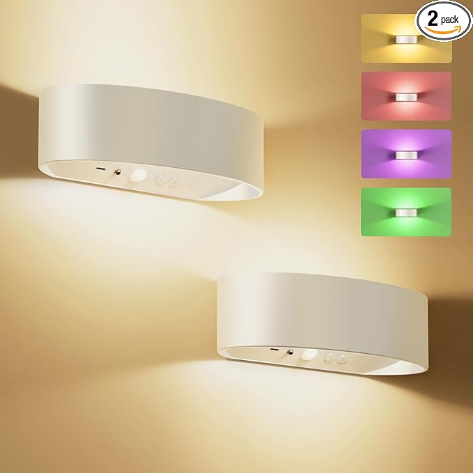 Motion Sensor Wall Light, 5000mAh Rechargeable Battery Operated Wall Sconces with Remote, 15 RGB Colors 3 White Temps Dimmable, Wireless Wall Sconces for Hallway, Living Room, Stairwell, Bedroom