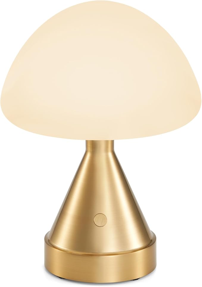 Small Cordless Mushroom Table Lamp, Mini Rechargeable Battery Powered Night Light, Touch Control Dimmable, Portable Gold Lamp for Kitchen Restaurant Dining Table Bathroom Patio