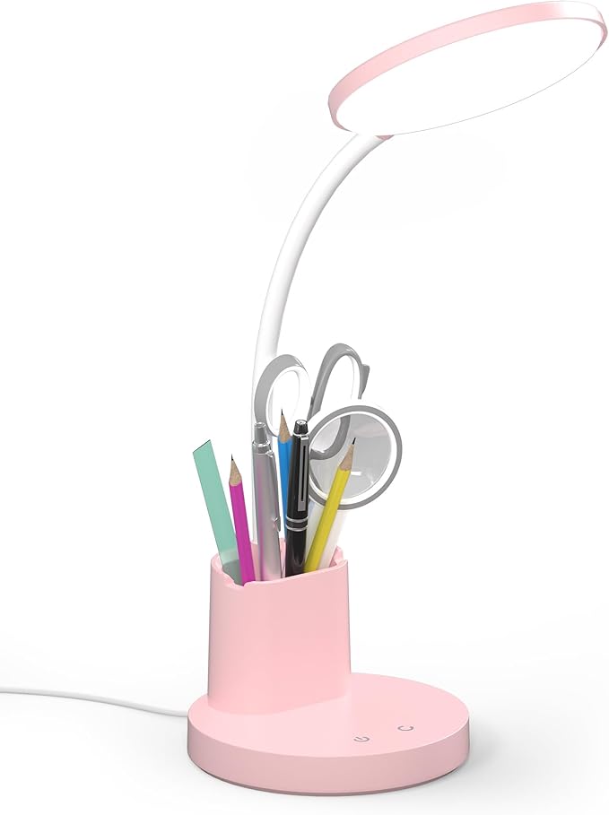 Desk Lamp, LED Desk Lamp for Home Office, Touch Table Lamp with 3 Color Modes 360° Adjustable Arm, Dimmable Desk Light with Pen Phone Holder, Pink