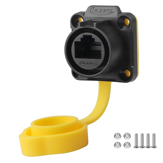 CNLINKO LP-20 RJ45 Panel Mount Socket, CAT6 Ethernet Connector RJ45 4-Hole Socket IP68 M20 Waterproof Connector (Yellow RJ45 4-Hole Socket)