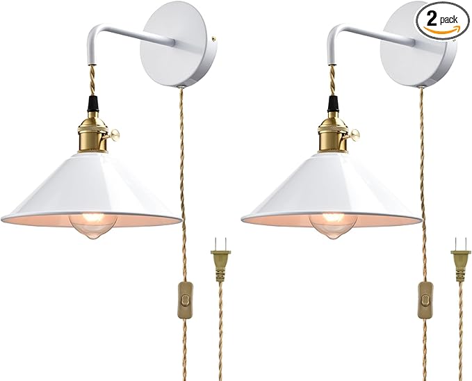 Plug-in Wall Lamp with Umbrella Shade, Bright White Wall Light Fixture Set of Two with On/Off Switch Nordic and Industrial Wall Sconces for Cabinet Bedroom bar