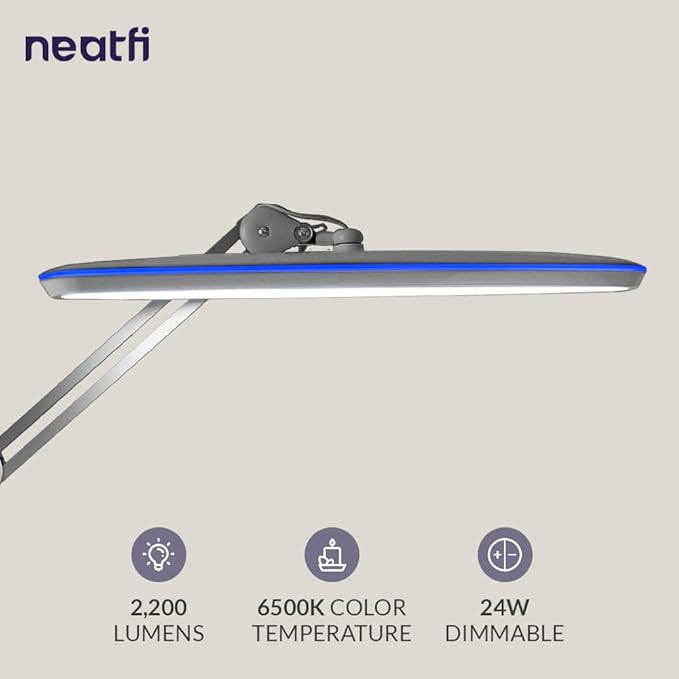 Neatfi XL LED Desk Lamp with Clamp – 2,200 Lumens, 23” Wide, Dimmable Task Light for Office, Study, Crafting & Nail Techs (Non-CCT with Clamp, Silver)