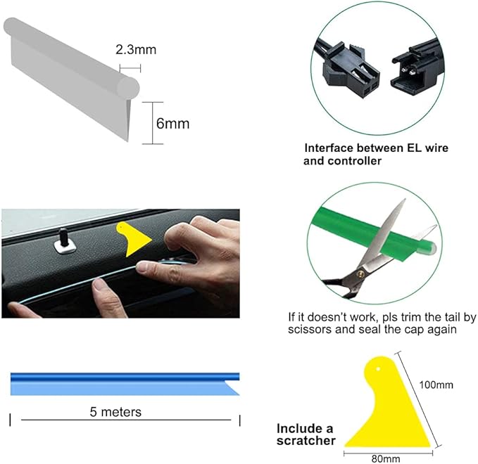 MaxLax Lemon Green EL Wire Car Interior LED Kit - 16.4ft Flexible neon-Style Wire with 12V Fused Power Supply. Features 6mm Reinforced Edge for Easy auto Installation