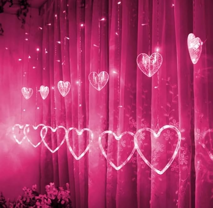 Dazzle Bright Valentines Day Lights, 138LED 9FT 12Heart Curtain String Lights with 8 Modes, Plug in Galentines Decorations for Indoor Window Outdoor Wedding Party Decor (Pink)