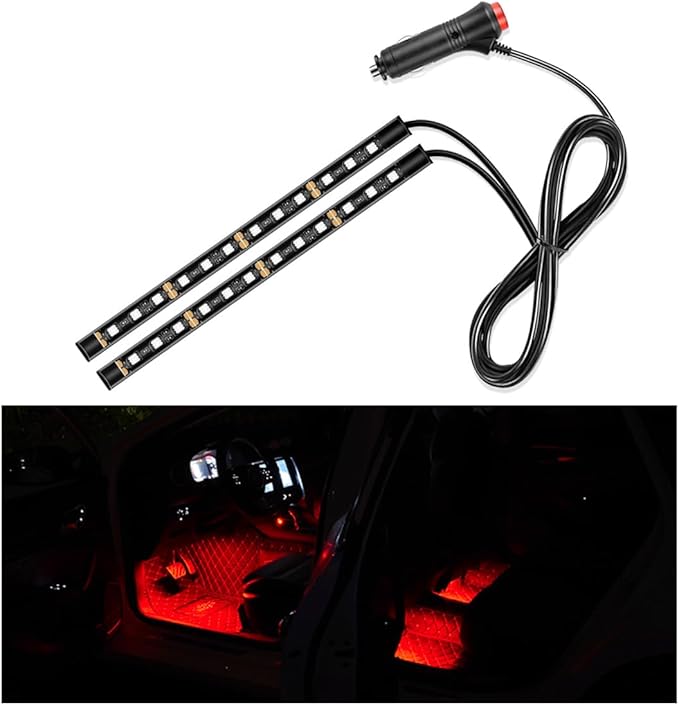 Car LED Strip Light, 24 LED Interior Under Dash Atmosphere Lights with Cigarette Lighter, Vehicle Decor Lamp Ambient Night Light Strip Lighting, Universal Car Accessories (Red)