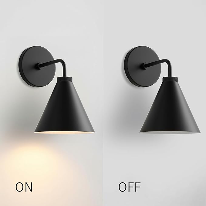 Retro Industrial Metal Cone Sconce Light - Vintage-Inspired Modern Black Wall Sconce with Metal Shade, Wall Mount Lighting for Bedroom, Hallway, Living Room (Black, 11 inch)