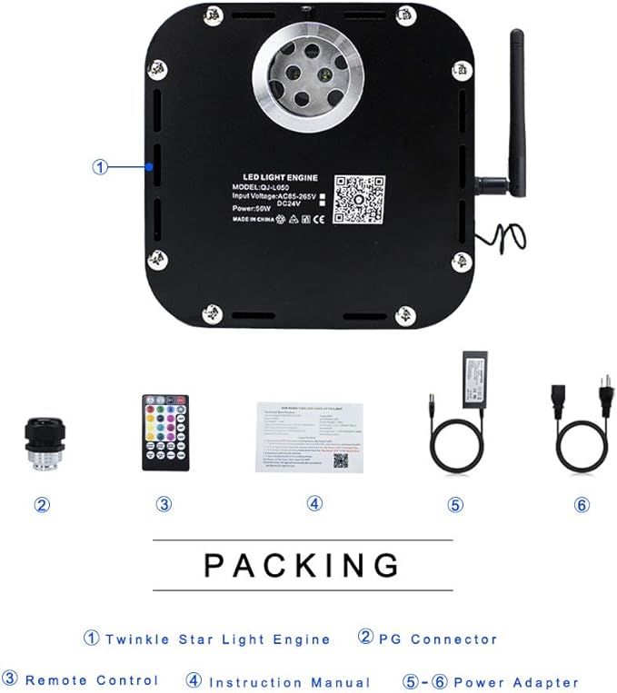 AZIMOM High Brightness 50W Twinkle Fiber Optic Light Source RGBW Light Box Engine Diver Bluetooth/RF Remote Control Music Sensor Mode for Car Home Star Ceiling Light Effect Decoration