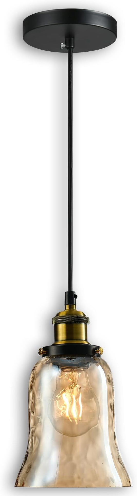 Modern Glass Pendant Light, 5.5"x6.3" Amber Ribbed Globe Light Fixture with Gold Cap, 15"-72" Adjustable Cord, E26 Socket for Dining or Lounge Areas – Sunrise Glow Trumpet