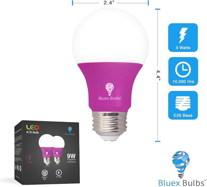 Bluex Bulbs 2 Pack LED A19 Pink Light Bulb - 9W (60Watt Equivalent) - E26 Base Pink LED Pink Bulb, Party Decoration, Porch, Home Lighting, Holiday Lighting, Decorative Illumination