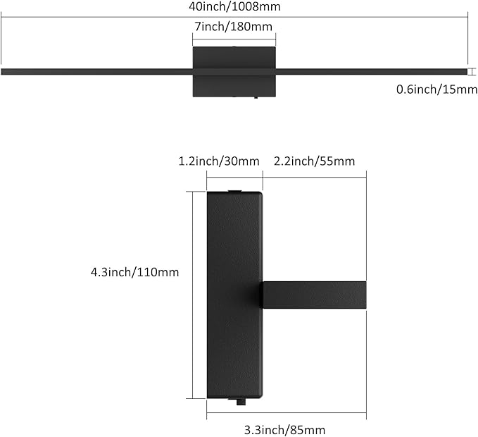 Ralbay 5 Color Temperature Dimmable Black Bathroom Vanity Light Bar 40inch 30W Acrylic LED Modern Matte Black Bathroom Wall Lighting Fixtures Over Mirror