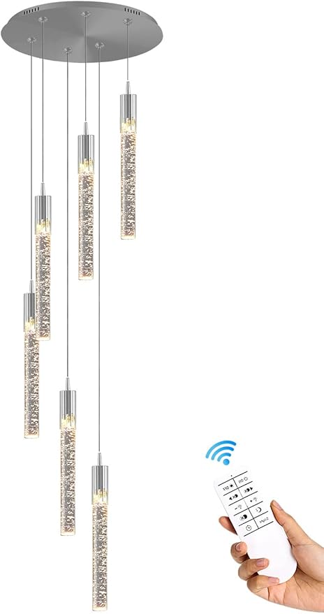Flashing God Pendant Lights Kitchen Island 6-Lights Pendant Chandelier for Dining Room Hallway Stairwell,Modern Chrome Crystal Ceiling Light LED Dimmable 2700K-6000K