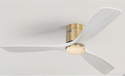 52'' Low Profile Ceiling Fans No Light with Remote Control, Flush Mount Ceiling Fan Without Lights,Outdoor Ceiling Fan for Patios Noiseless DC Motor,White wood blades Golden body