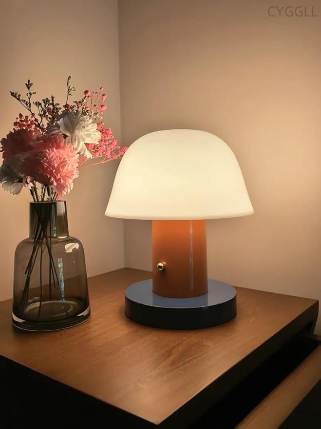Mushroom Table Lamp Modern Dimmable Night Light Cordless Touch Rechargeable Desk Lamp Nordic Minimalist Retro Nightstand Bedside Lamps for Bedroom Living Room(Brown Red)