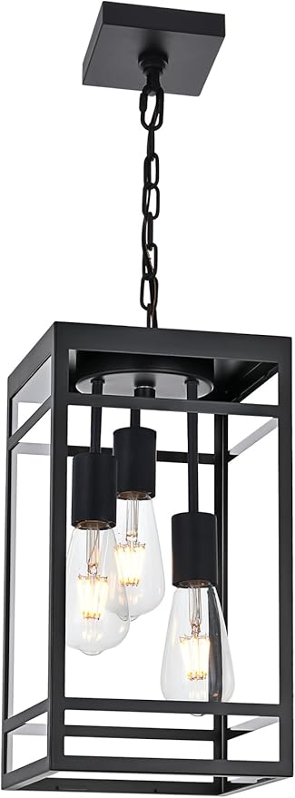 3-Light Outdoor Pendant Lights for Porch, Black Outdoor Chandelier 16'' Large Exterior Hanging Porch Light Fixtures with Clear Glass, Waterproof Outside Pendant Lantern for Garage Foyer