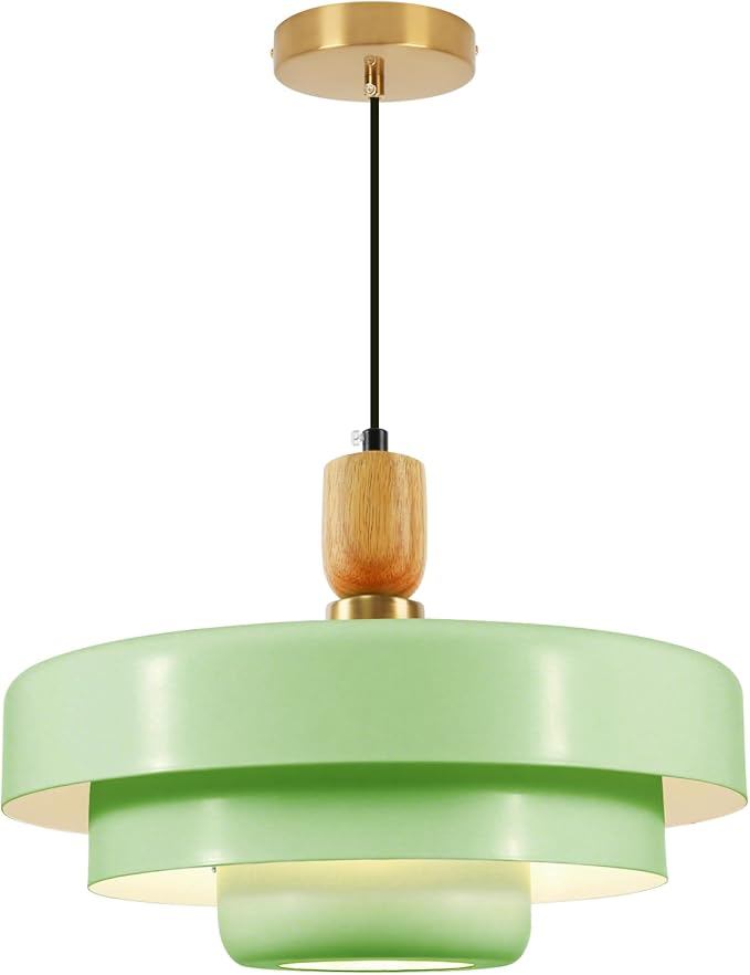 Mint Green Pendant Light with Solid Wood, 13.8 Inch Adjustable Modern Farmhouse Ceiling Lamp for Kitchen Island, Pantry, Dining Room, Living Room