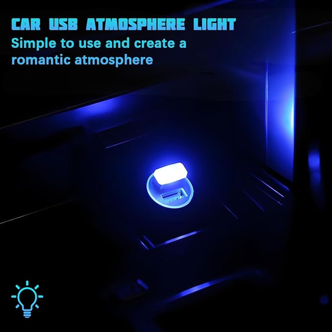 4PCS/Set USB LED Car Interior Atmosphere Lamp, Portable Mini Vehicle LED Night Light, Plug-in USB Interface Automotive Interior Ambient Lighting Kit Accessories, Universal Fit (Blue)