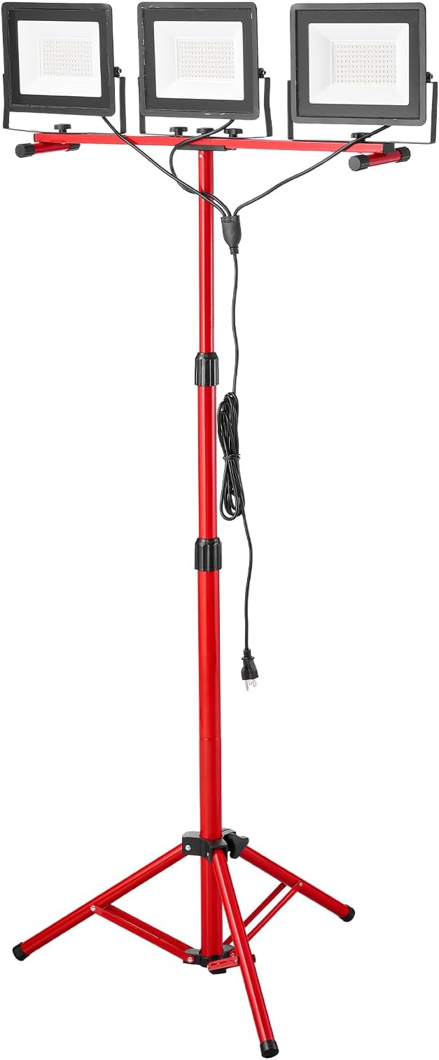 VEVOR LED Work Light with Stand, 21000 Lumens, Three-Head Portable Camping Light with Individual Switch, Tripod Stand, 10.83 ft Power Cord, for Indoor Outdoor Job Site Construction, IP65 Waterproof