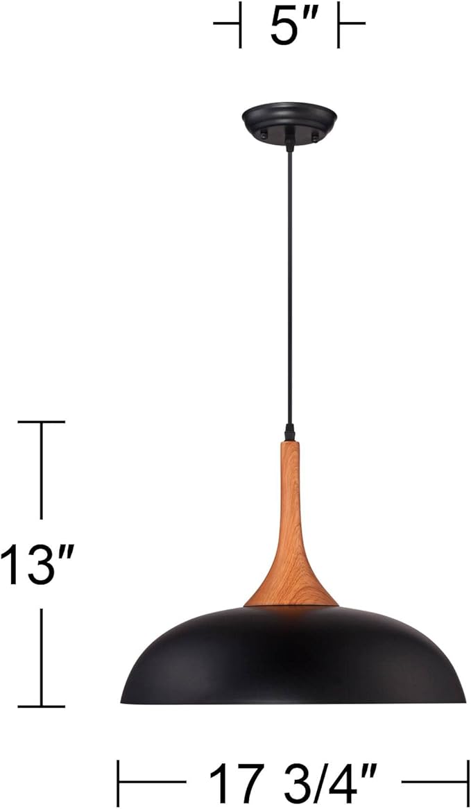 Possini Euro Design Felton Black Aluminum Wood Finish Small Pendant Light 17 3/4" Wide Mid Century Modern Dome Shade Fixture for Dining Room House Entryway Bedroom Kitchen Island Hallway