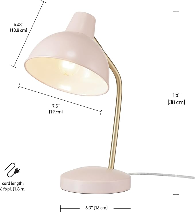 Globe Electric 67339 16 Inch Pink Desk Lamp with Gold Arm, in-Line On/Off Switch, Reading Light, Ideal for Bedroom, Dorm and Office