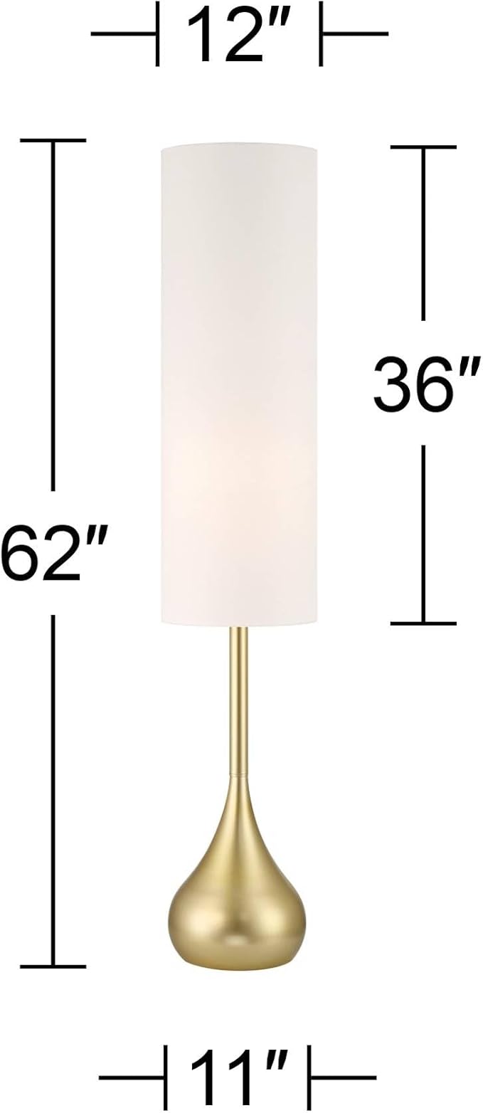 Possini Euro Design Moderne Mid Century Modern 62" Tall Standing Floor Lamp Droplet Foot Switch Metal Soft Gold Finish Living Room Bedroom House Reading Office Home Decor Entryway White Drum Shade