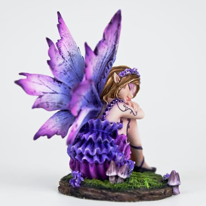 Fantasy Purple Sleeping Fairy Figurine, 3.15 Inch Blue-Purple Gradient Elf Statue, Hand-Painted Resin Decor with Flower Crown & Mini Mushroom Base for Desk, Fairy Garden, Bedroom