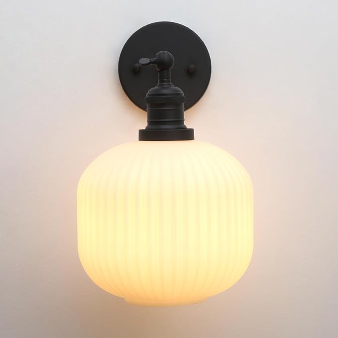 Pathson Modern Wall Sconce Lamp Milk White Round Glass, Hardwired Frosted Vintage Wall Vanity Light Fixture for Farmhouse Living Room Bedroom Bathroom Loft