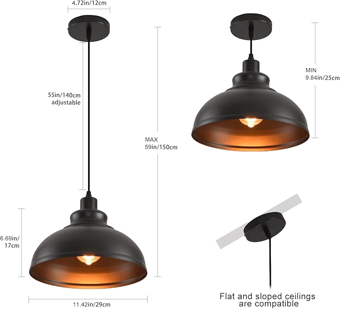 Pendant Lighting Vintage Industrial Fixtures, Farmhouse Pendant Lamp, Hanging Light Fixtures with Metal Shade (Black Inside), Industrial Black Pendant Lights for Hallway Kitchen Island Dining Room