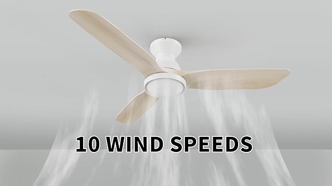 SMAAIR 52 Inch Ceiling Fans with Lights and Remote, Solid Wood White Modern Ceiling Fan with Lights, Flush Mount, Quiet DC Motor, 10 Speed, Indoor 3 Blade Ceiling Fan for Indoor Bedroom Living Room
